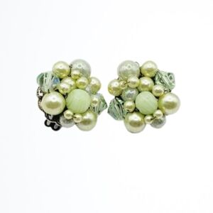 0028 Elegant Lime Green Pearl and Crystal Clip-On Earrings